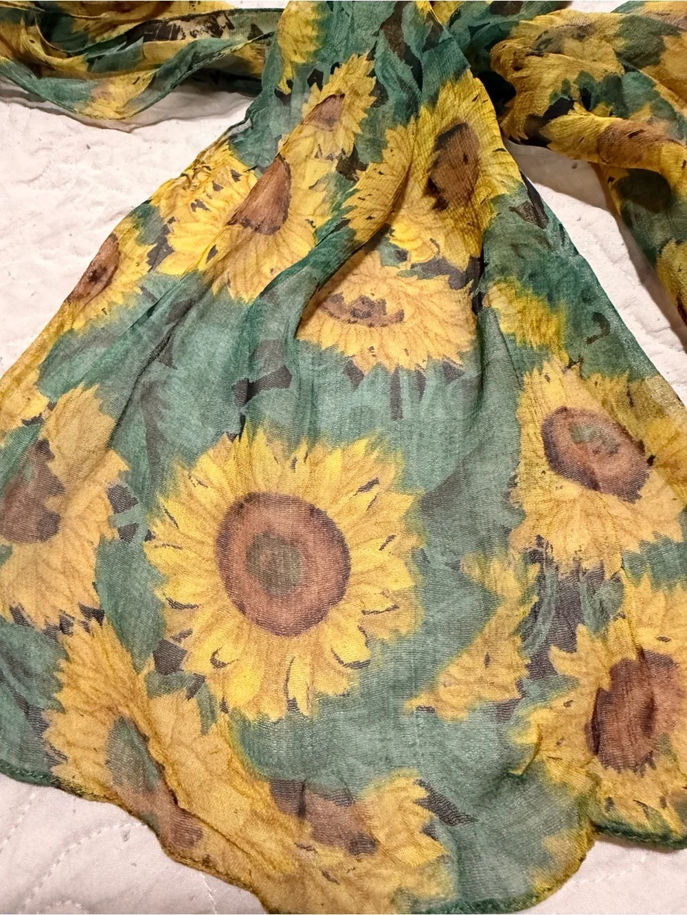 Sunflower Print Lightweight Scarf in Yellow and Green